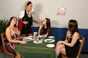 Girls lunch break turns into CFNM mealtime encounter in hot reverse gangbang on dochick.com