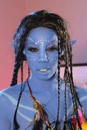 Cosplay beauty Misty Stone takes cock in nothing but blue body paint on dochick.com