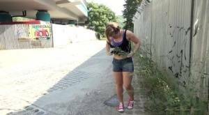 White girl pulls down her panties before squatting for a piss on country road on dochick.com