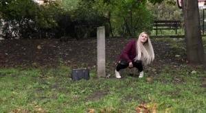 Dirty blonde female can't hold her pee any longer and pisses in public park on dochick.com