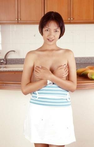 Clothed Asian with tiny tits is posing in the kitchen with spread legs on dochick.com