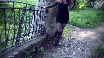 AnnDarcy redhead goth girl in black mini dress gets facial in public xxx video on dochick.com